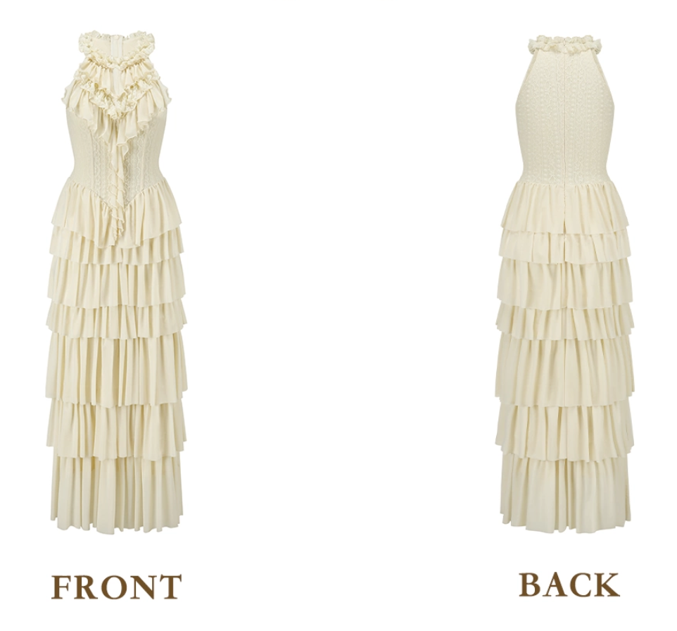 Graceful Halter Neck Ivory Prom Dress Tiered A-Line Lace Formal Dress C8424