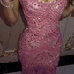 Glittering Spaghetti Straps Pink Prom Dress Beading Sequins Sheath Formal Dress C8426