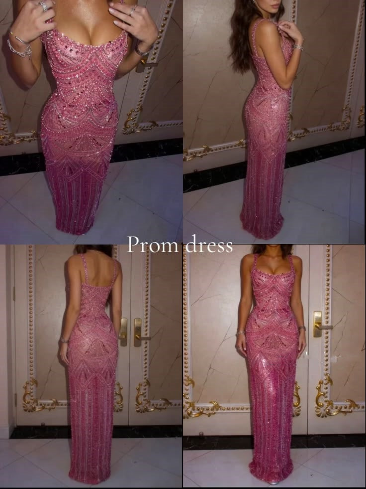 Glittering Spaghetti Straps Pink Prom Dress Beading Sequins Sheath Formal Dress C8426