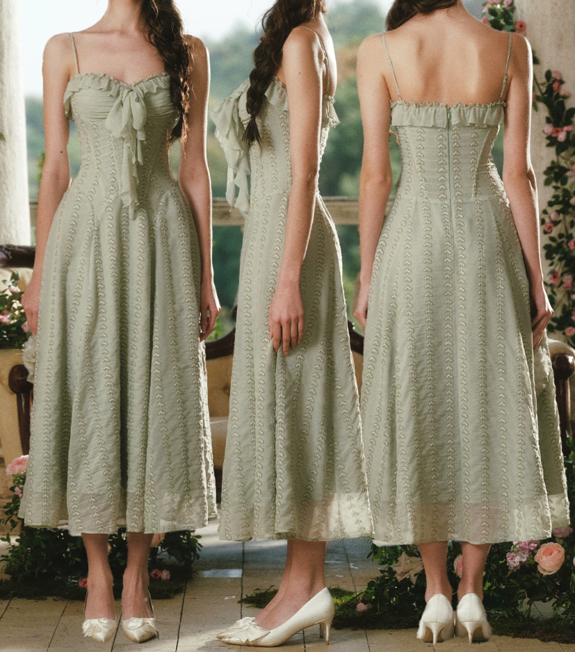 Sleek Spagheeti Straps Green Prom Dress Ruffles A-Line Formal Dress C8427