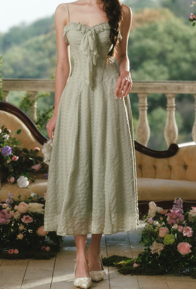 Sleek Spagheeti Straps Green Prom Dress Ruffles A-Line Formal Dress C8427