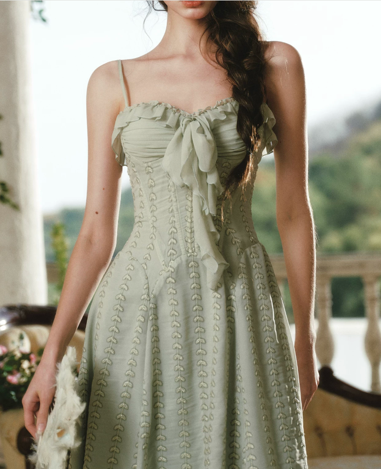 Sleek Spagheeti Straps Green Prom Dress Ruffles A-Line Formal Dress C8427