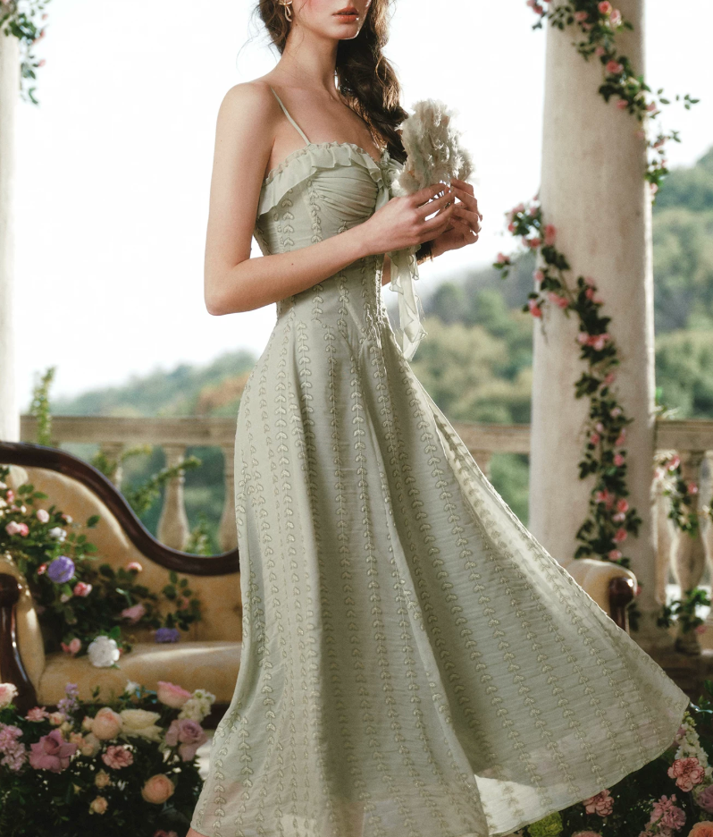 Sleek Spagheeti Straps Green Prom Dress Ruffles A-Line Formal Dress C8427