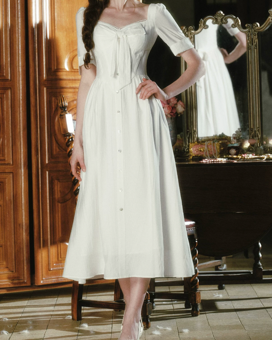 Chic Short Sleeve White Prom Dress Bow A-Line Formal Dress C8428