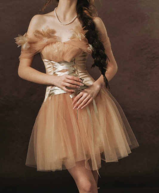 Adorable Off-The-Shoulder Beige Homecoming Dress Tulle Floral A-Line Birthday Dress C8430