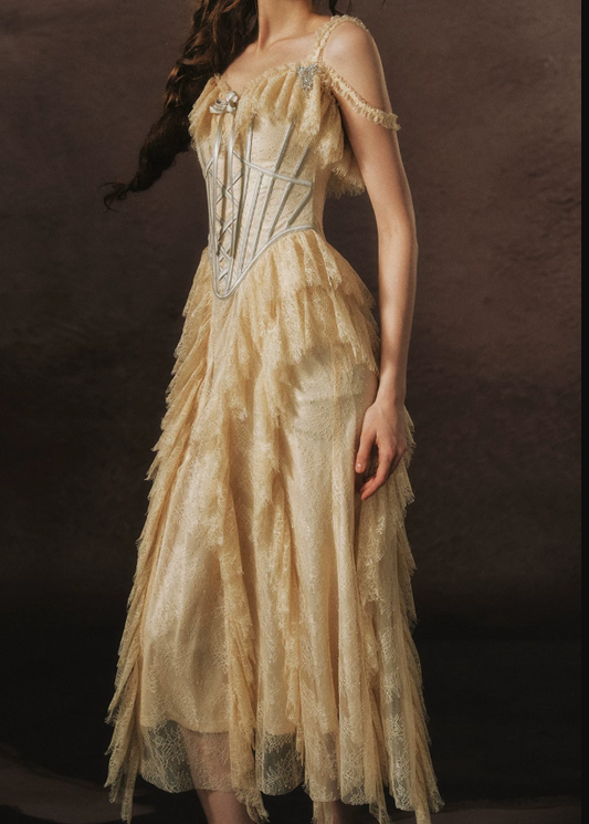 Glam Spagheeti Straps Beige Prom Dress Ruffled Lace A-Line Formal Dress C8431