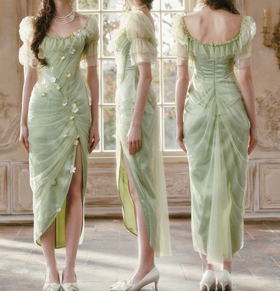 Dreamy Ruffles Green Prom Dress Appliques Tulle Sheath Formal Dress C8432
