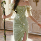 Dreamy Ruffles Green Prom Dress Appliques Tulle Sheath Formal Dress C8432