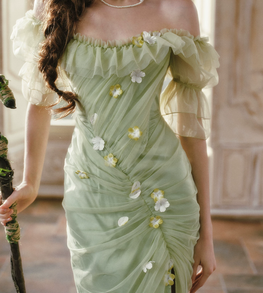 Dreamy Ruffles Green Prom Dress Appliques Tulle Sheath Formal Dress C8432