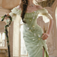 Dreamy Ruffles Green Prom Dress Appliques Tulle Sheath Formal Dress C8432