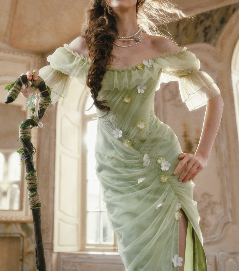 Dreamy Ruffles Green Prom Dress Appliques Tulle Sheath Formal Dress C8432