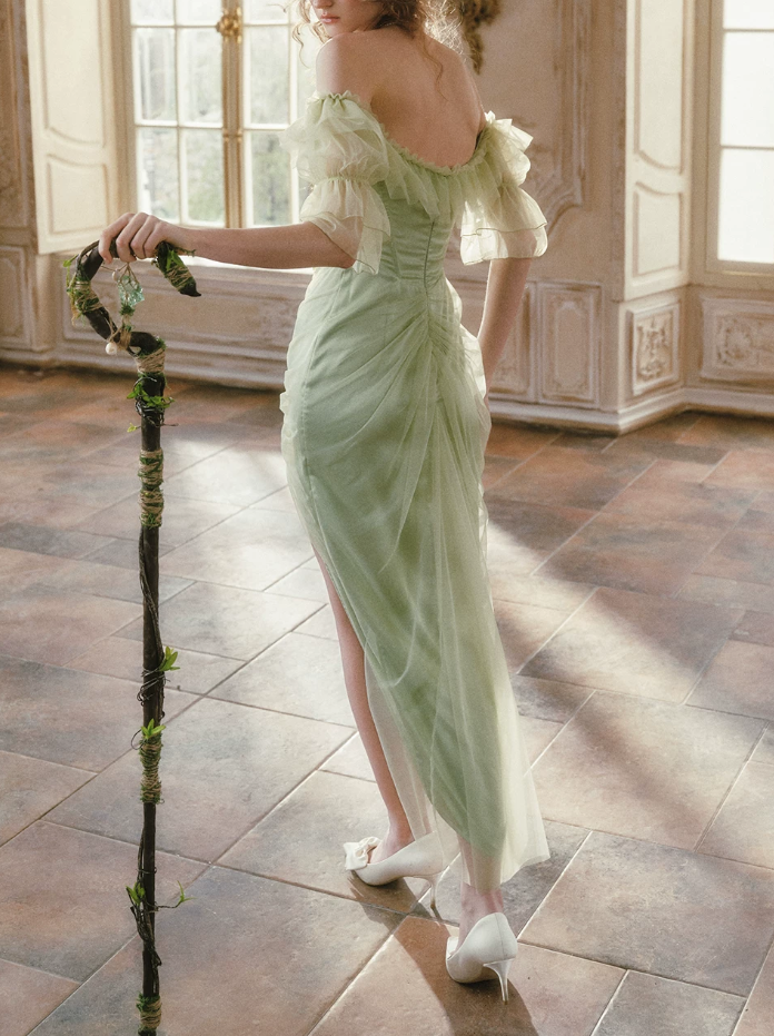 Dreamy Ruffles Green Prom Dress Appliques Tulle Sheath Formal Dress C8432
