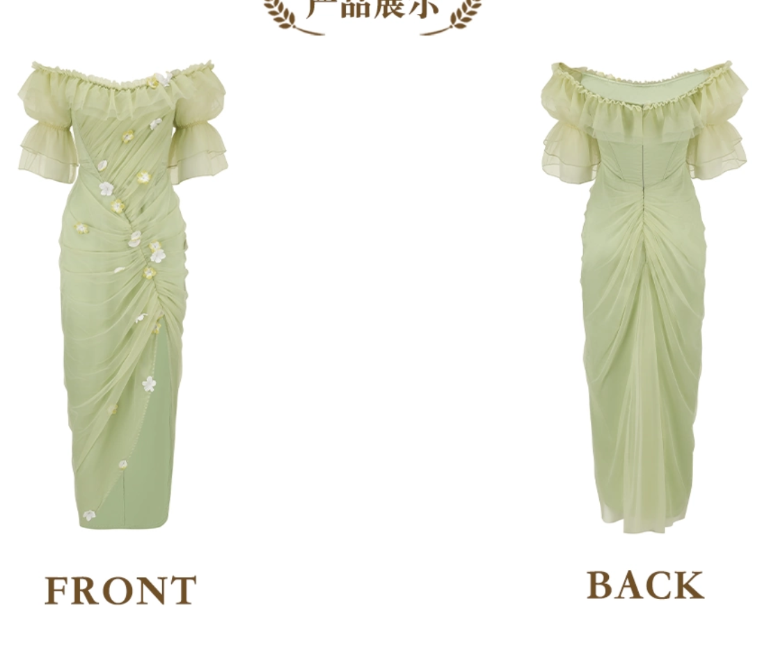 Dreamy Ruffles Green Prom Dress Appliques Tulle Sheath Formal Dress C8432