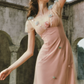 Ethereal V Neck Pink Prom Dress Appliques Tulle A-Line Formal Dress C8433
