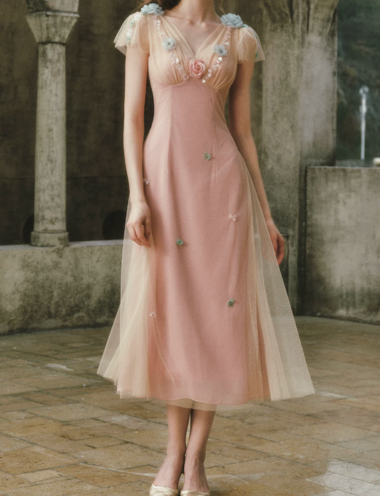 Ethereal V Neck Pink Prom Dress Appliques Tulle A-Line Formal Dress C8433