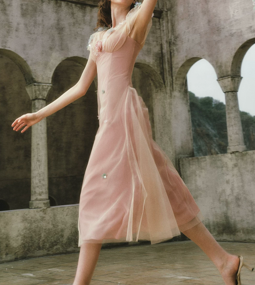 Ethereal V Neck Pink Prom Dress Appliques Tulle A-Line Formal Dress C8433