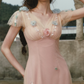 Ethereal V Neck Pink Prom Dress Appliques Tulle A-Line Formal Dress C8433