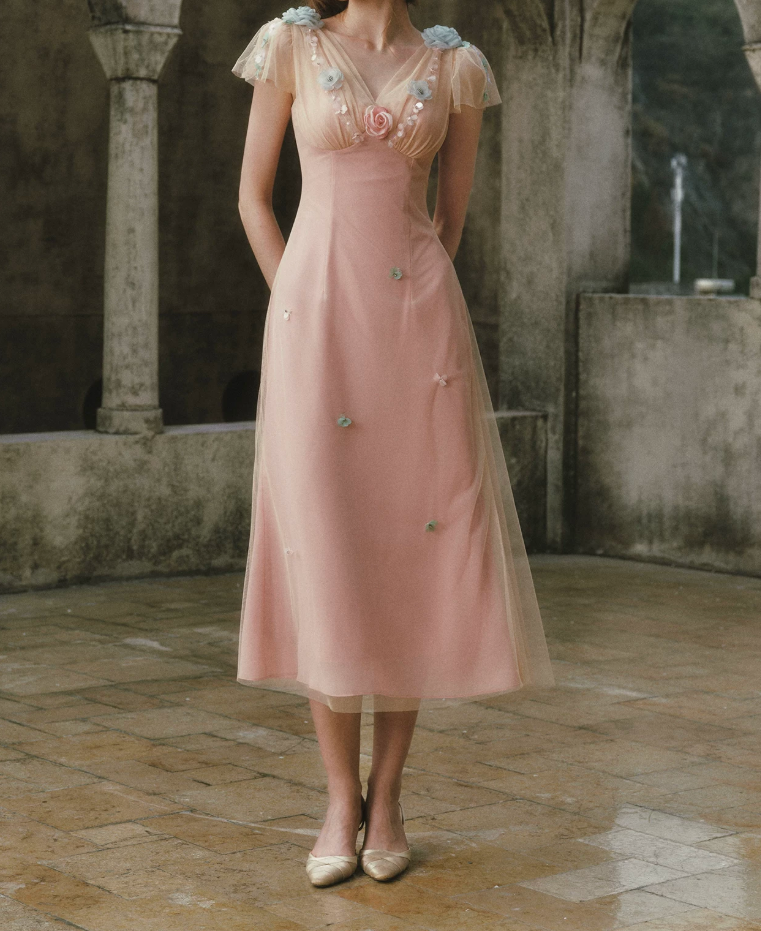 Ethereal V Neck Pink Prom Dress Appliques Tulle A-Line Formal Dress C8433