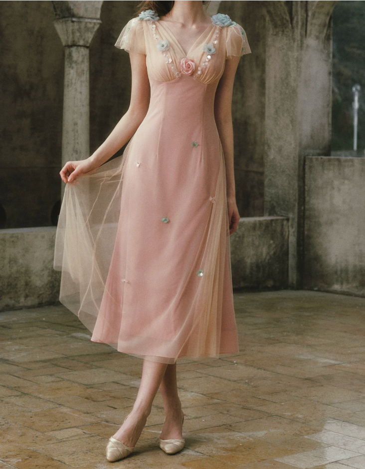 Ethereal V Neck Pink Prom Dress Appliques Tulle A-Line Formal Dress C8433