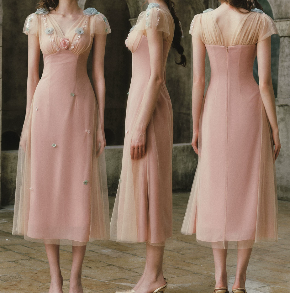 Ethereal V Neck Pink Prom Dress Appliques Tulle A-Line Formal Dress C8433