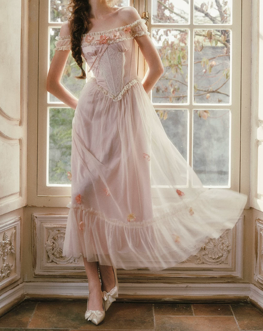 Graceful Off-The-Shoulder Pink Prom Dress Appliques Ruffled A-Line Formal Dress C8434