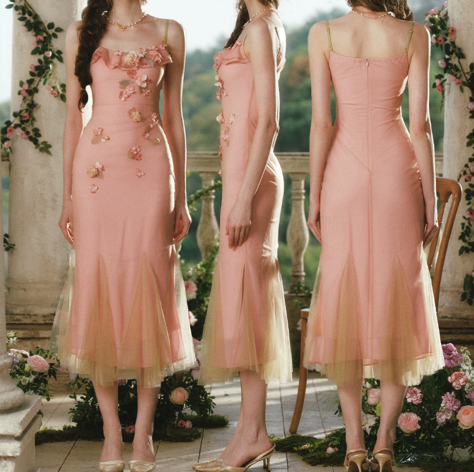 Ethereal Spaghetti Straps Pink Prom Dress Ruffles Appliques Mermaid Formal Dress C8436