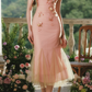 Ethereal Spaghetti Straps Pink Prom Dress Ruffles Appliques Mermaid Formal Dress C8436