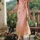 Ethereal Spaghetti Straps Pink Prom Dress Ruffles Appliques Mermaid Formal Dress C8436