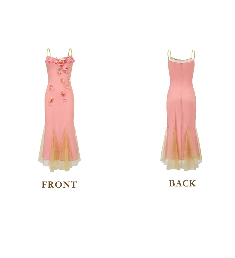 Ethereal Spaghetti Straps Pink Prom Dress Ruffles Appliques Mermaid Formal Dress C8436
