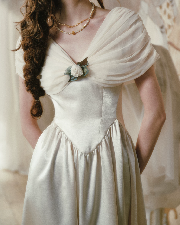 Modest Off-the-Shoulder Ivory Prom Dress Satin A-Line Evening Dress C8440