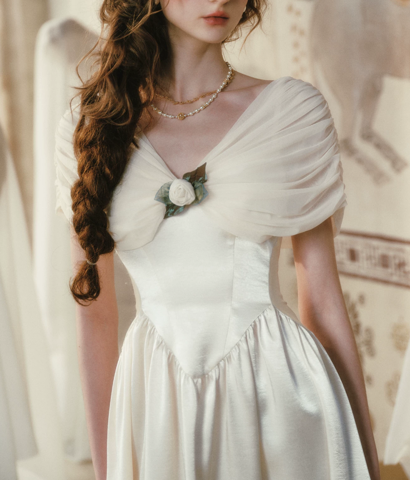Modest Off-the-Shoulder Ivory Prom Dress Satin A-Line Evening Dress C8440