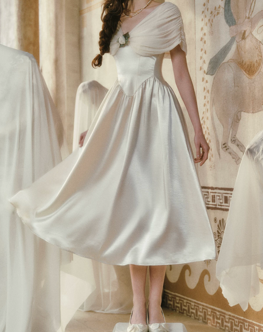 Modest Off-the-Shoulder Ivory Prom Dress Satin A-Line Evening Dress C8440