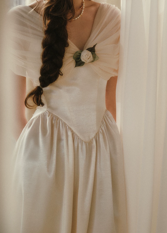 Modest Off-the-Shoulder Ivory Prom Dress Satin A-Line Evening Dress C8440