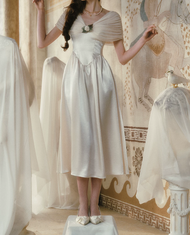 Modest Off-the-Shoulder Ivory Prom Dress Satin A-Line Evening Dress C8440