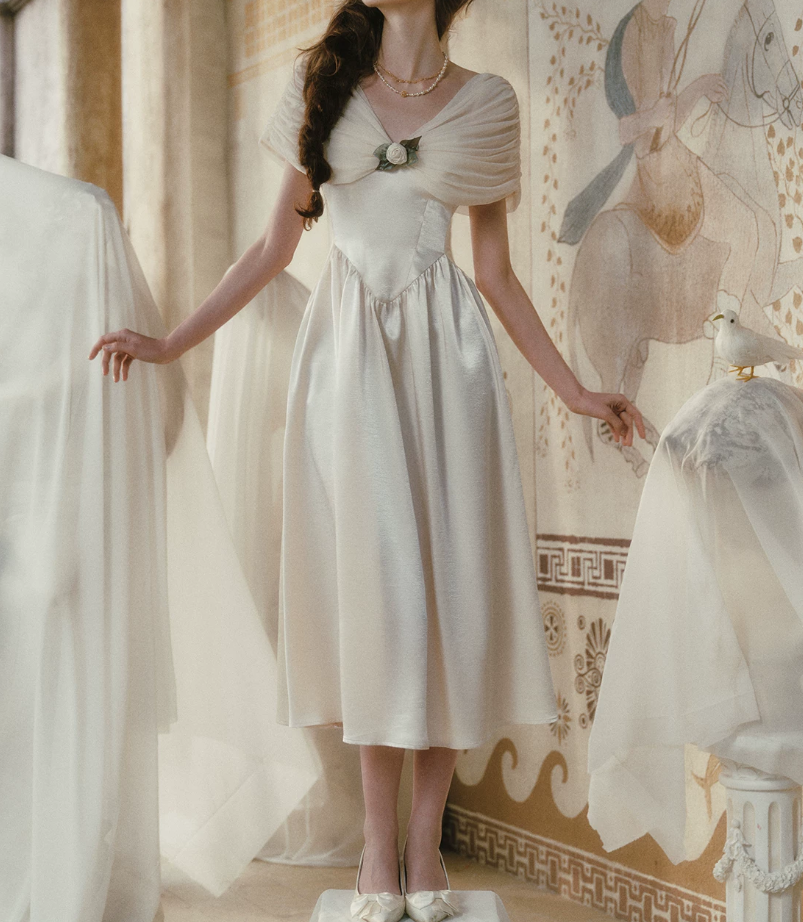 Modest Off-the-Shoulder Ivory Prom Dress Satin A-Line Evening Dress C8440