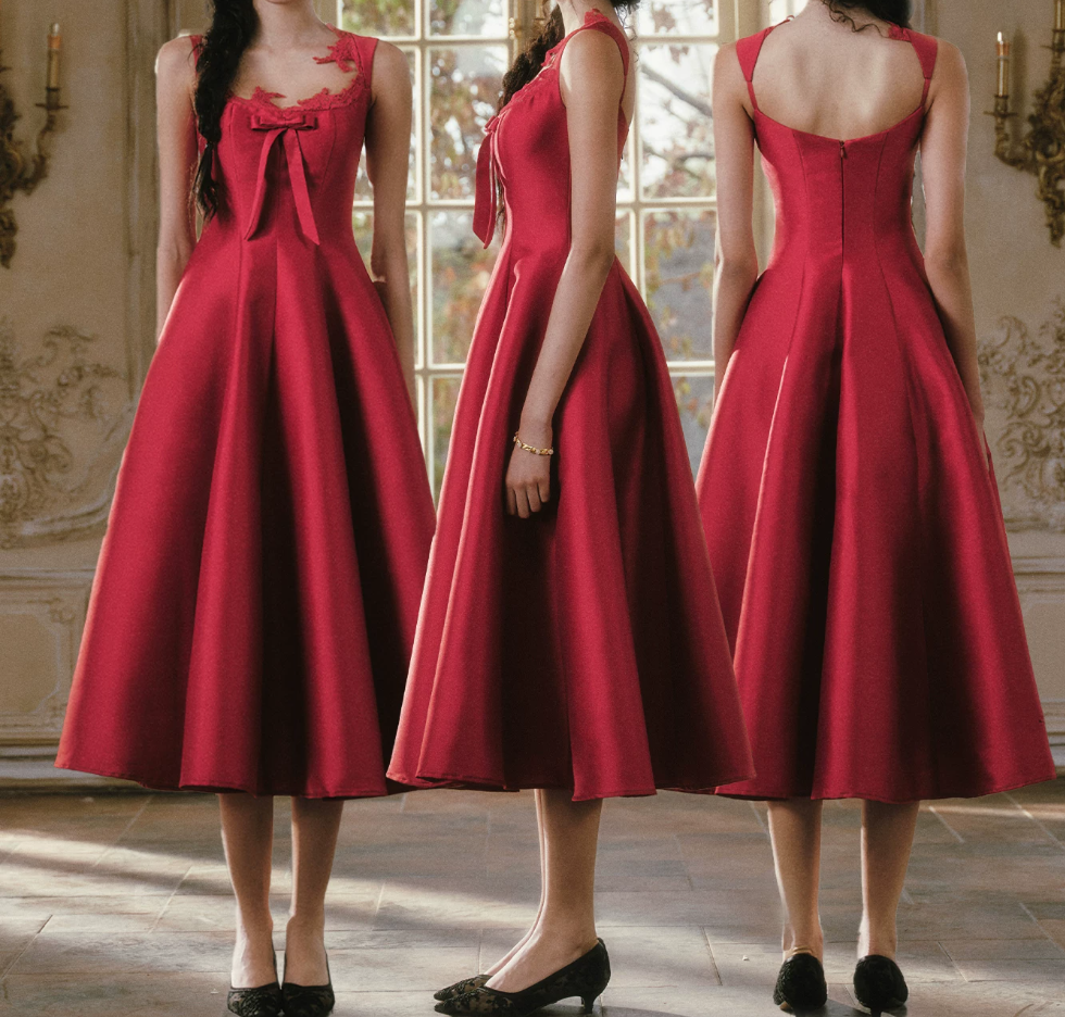 Charming A-Line Satin Prom Dress Bow Appliques Evening Dress C8441