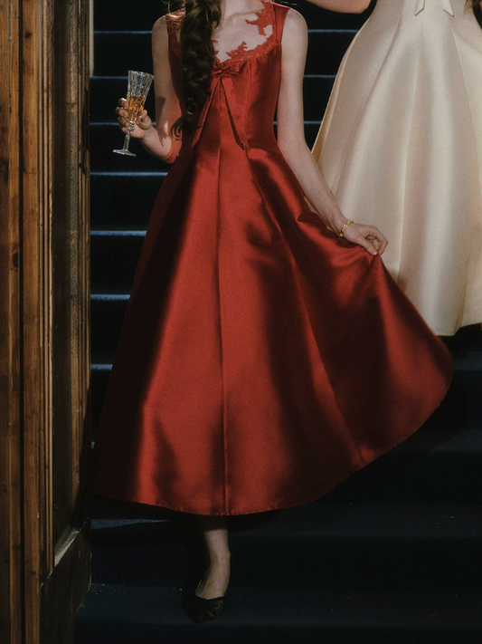 Charming A-Line Satin Prom Dress Bow Appliques Evening Dress C8441