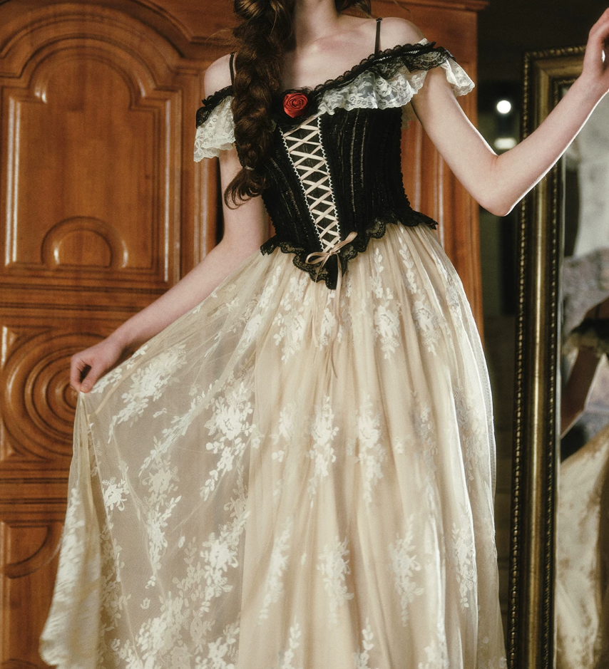 Attractive Spaghetti Straps Black Bodice Prom Dress Ivory Lace Tulle A-Line Evening Dress C8442