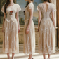 Ornate V Neck Beige Prom Dress Lace Slit Short Sleeve A-Line Evening Dress C8443