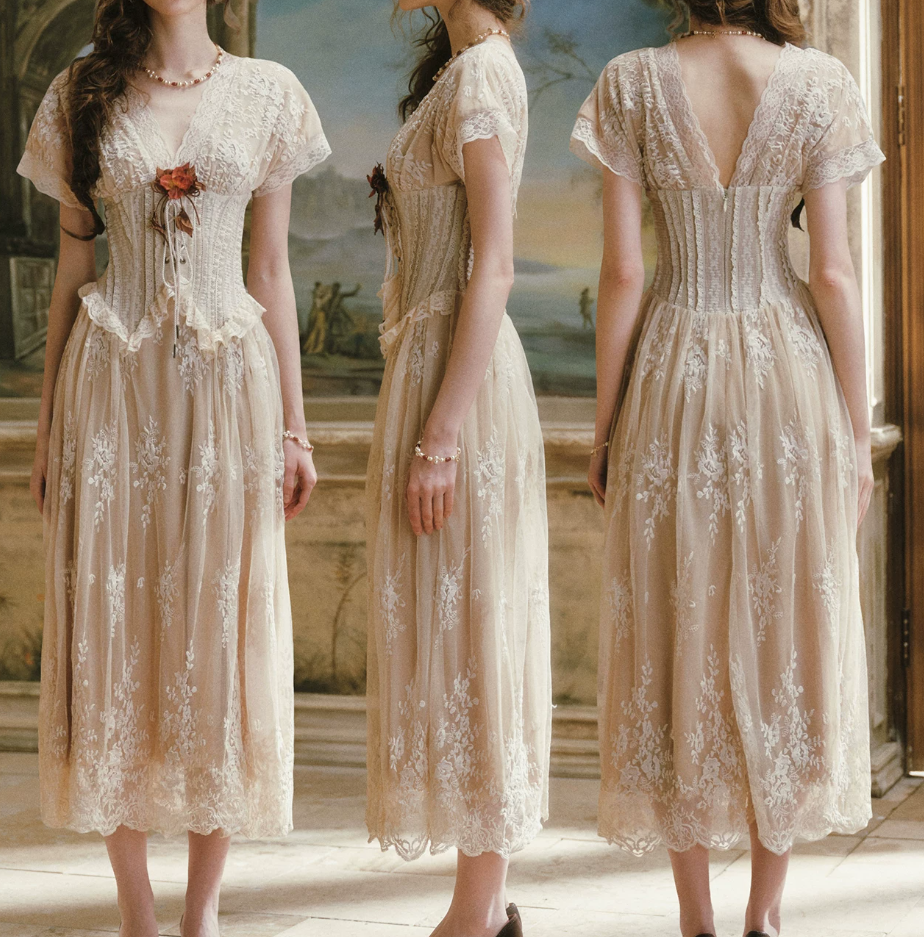 Ornate V Neck Beige Prom Dress Lace Slit Short Sleeve A-Line Evening Dress C8443