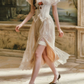 Ornate V Neck Beige Prom Dress Lace Slit Short Sleeve A-Line Evening Dress C8443