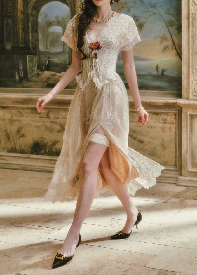 Ornate V Neck Beige Prom Dress Lace Slit Short Sleeve A-Line Evening Dress C8443