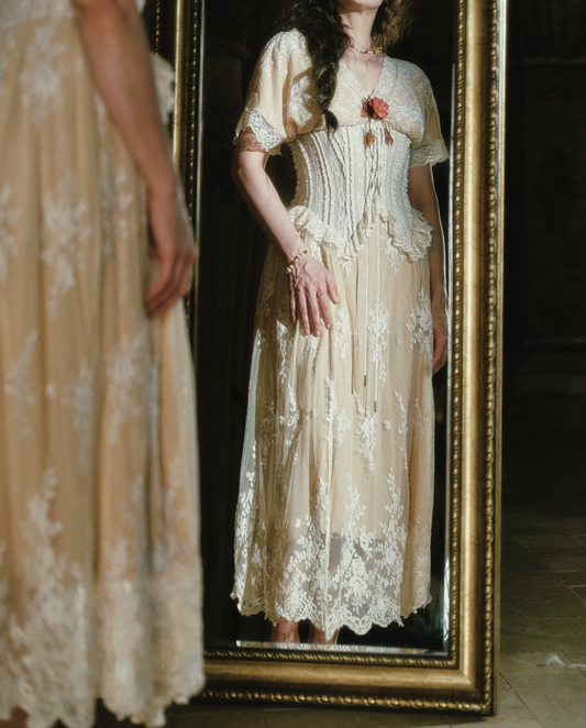 Ornate V Neck Beige Prom Dress Lace Slit Short Sleeve A-Line Evening Dress C8443