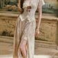Ornate V Neck Beige Prom Dress Lace Slit Short Sleeve A-Line Evening Dress C8443