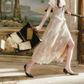 Ornate V Neck Beige Prom Dress Lace Slit Short Sleeve A-Line Evening Dress C8443