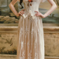 Ornate V Neck Beige Prom Dress Lace Slit Short Sleeve A-Line Evening Dress C8443