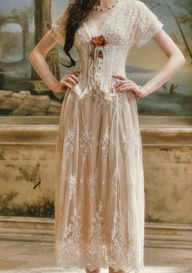Ornate V Neck Beige Prom Dress Lace Slit Short Sleeve A-Line Evening Dress C8443