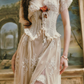 Ornate V Neck Beige Prom Dress Lace Slit Short Sleeve A-Line Evening Dress C8443