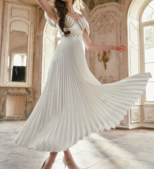 Flowy Off-the-Shoulder White Prom Dress Sequins Pleated A-Line Evening Dress C8444