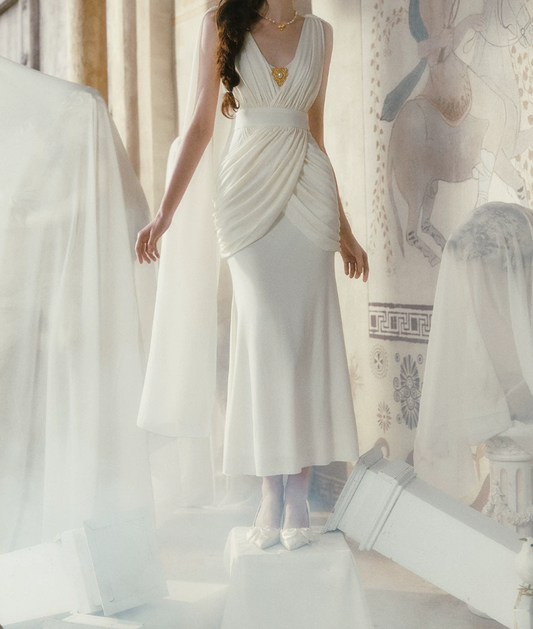 Retro V Neck White Prom Dress Chiffon Mermaid Evening Dress C8445
